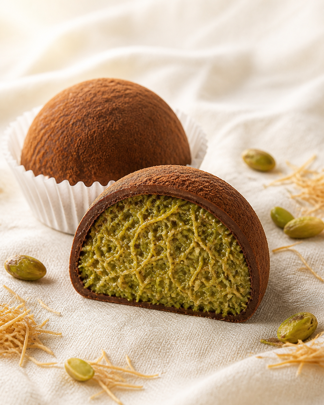 ドバイチョコもちの断面 — ピスタチオクリームとカダイフ